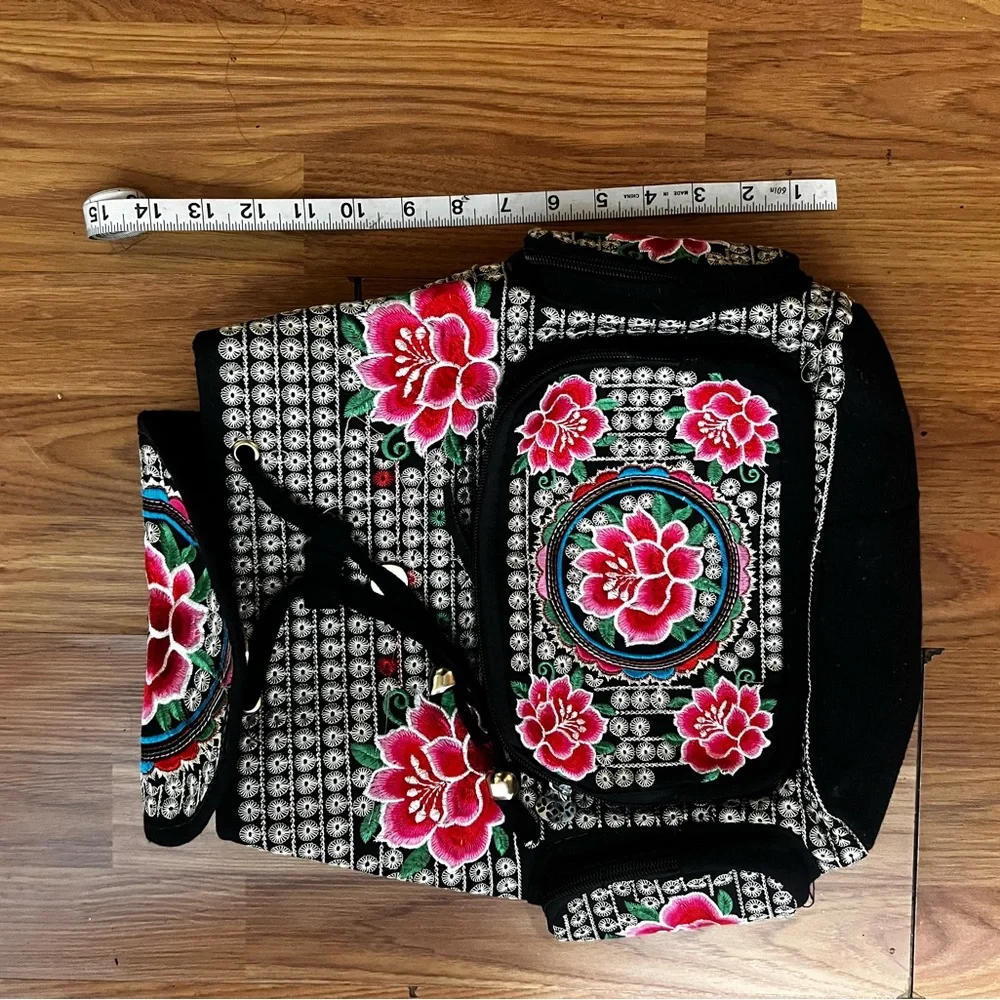 Floral Embroidered Backpack - Black and Red